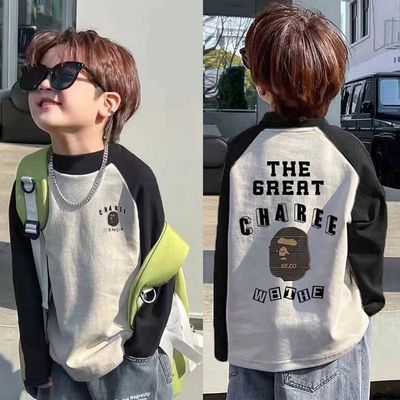 男童打底衫长袖德绒保暖上衣半高领中大童新款秋冬儿童肩撞色T恤