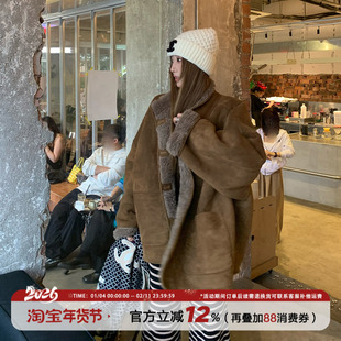 饭饭又饿了慵懒风双面穿麂皮外套女冬季巨好看加厚保暖中长款大衣