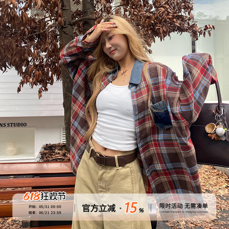 饭饭又饿了牛仔拼接撞色格子衬衫外套女春秋季小众设计感长袖上衣
