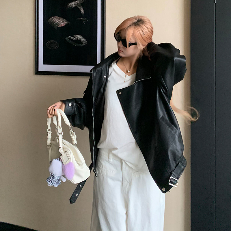 饭饭又饿了复古黑色皮衣外套女秋