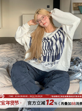 饭饭又饿了Rose同款美式复古印花卫衣女秋季宽松大版圆领长袖上衣