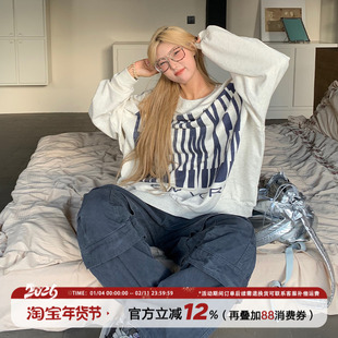 饭饭又饿了Rose同款美式复古印花卫衣女春季宽松大版圆领长袖上衣