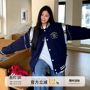 饭饭又饿了学院风拼接棒球服外套女春季复古宽松百搭休闲夹克上衣