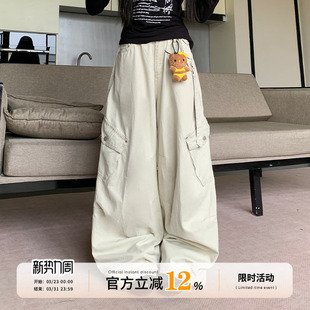 纯棉设计感大口袋阔腿显瘦百搭休闲裤 饭饭又饿了美式 女秋季 裤 工装