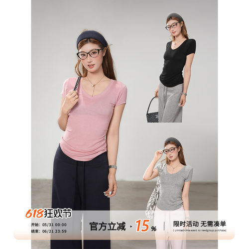 饭饭又饿了韩系纯色v领短袖t恤女