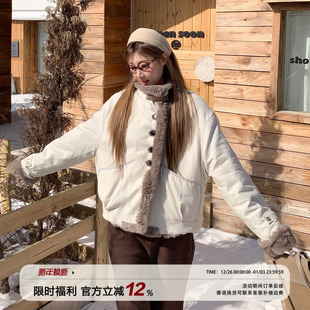 饭饭又饿了韩系双面穿皮毛一体外套冬季 巨好看加厚保暖派克服 女款