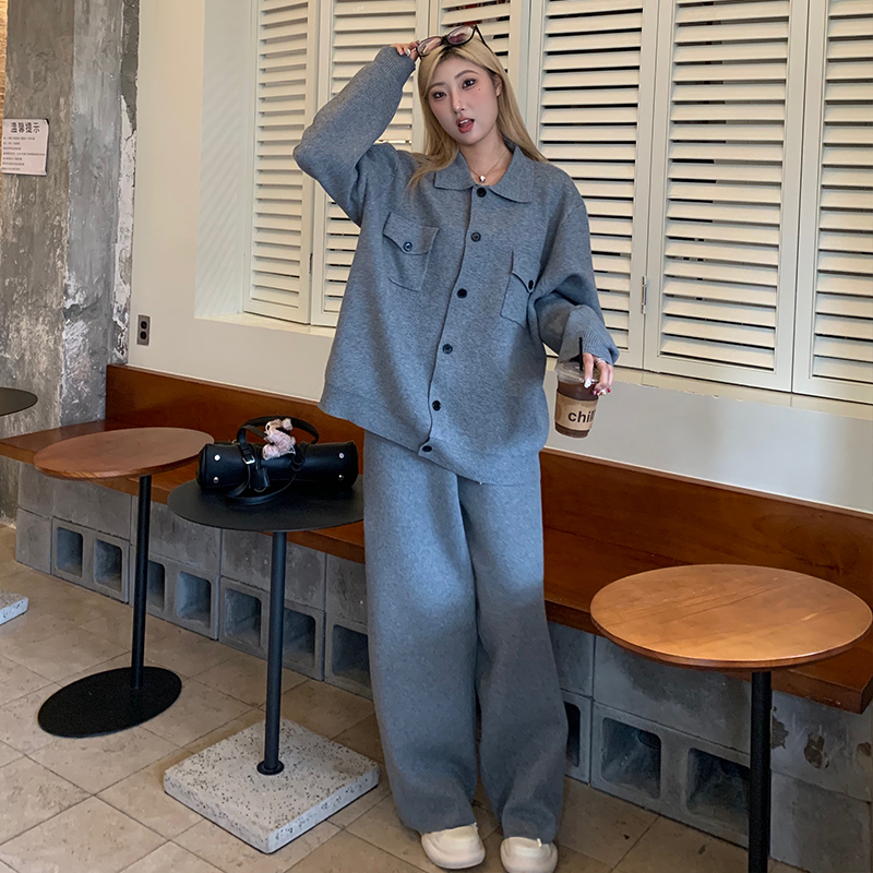 饭饭又饿了韩系灰色针织毛衣套装