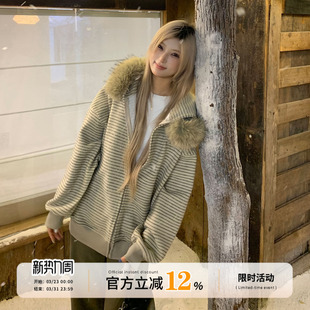 饭饭又饿了美式连帽毛领条纹卫衣外套女秋季休闲宽松拉链开衫上衣