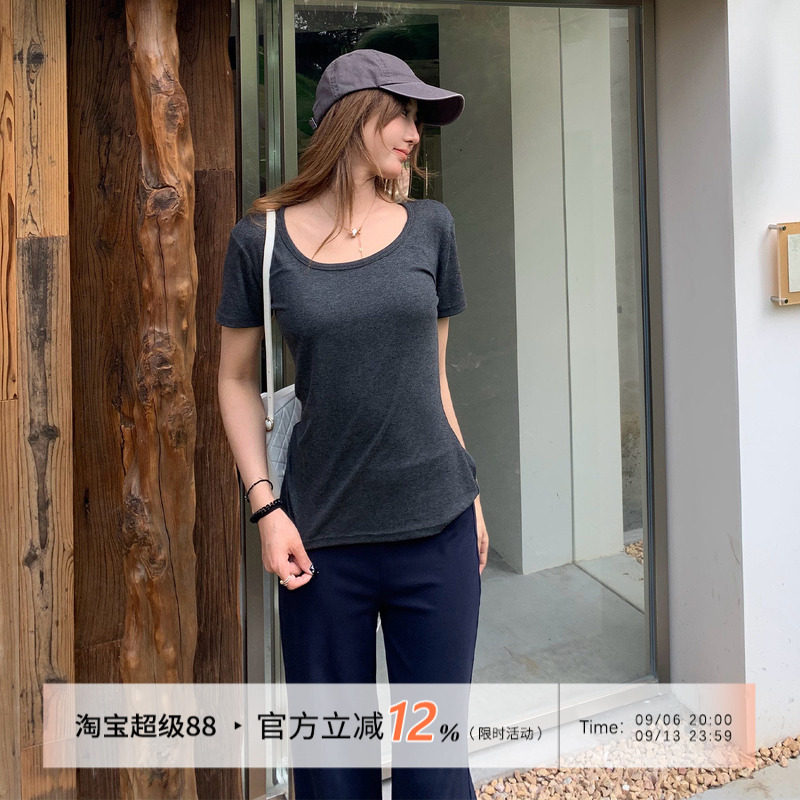 饭饭又饿了韩系u领短袖t恤女款春夏小众透气休闲显瘦气质百搭上衣