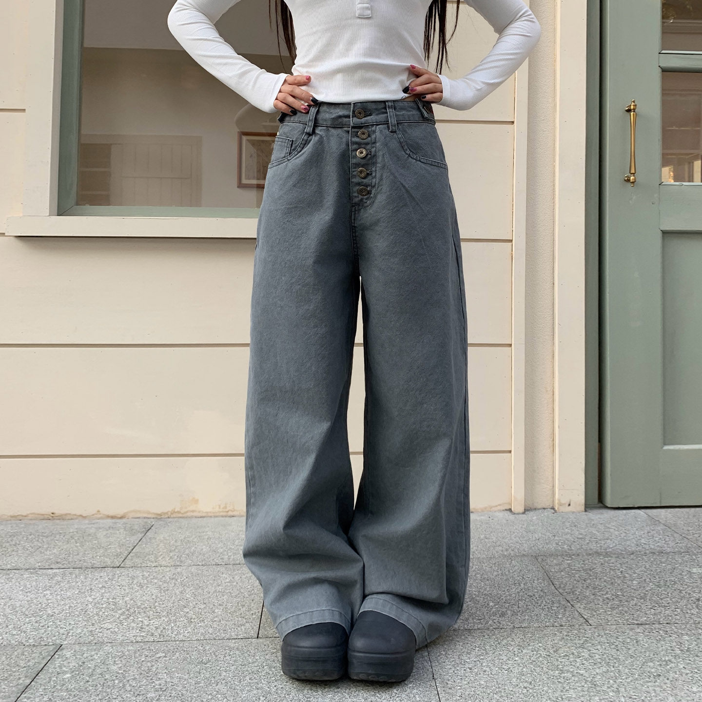 饭饭又饿了美式复古排扣休闲裤女春季设计感垂感宽松显瘦拖地裤子,女装/女士精品,休闲裤,淘宝优惠券,粉丝福利购,淘宝优惠卷