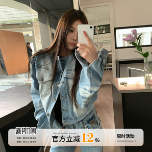 饭饭又饿了复古蓝色做旧牛仔外套女春季 夹克上衣 好看宽松休闲短款