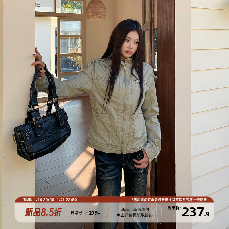 饭饭又饿了美式做旧工装外套冬季女款设计感正肩显瘦拉链夹克上衣,女装/女士精品,短外套,淘宝优惠券,粉丝福利购,淘宝优惠卷