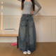 设计感宽松休闲显瘦阔腿裤 饭饭又饿了复古做旧水洗牛仔裤 女春季 子