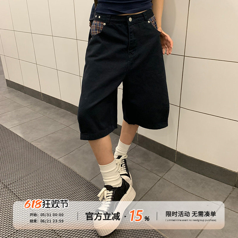 饭饭又饿了复古撞色拼接牛仔五分裤女夏季松弛感休闲显瘦直筒中裤