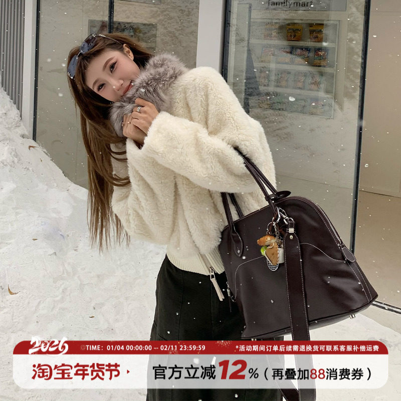 【清仓价】饭饭又饿了毛领羊羔毛外套女冬巨好看软糯保暖短款上衣,女装/女士精品,短外套,淘宝优惠券,粉丝福利购,淘宝优惠卷