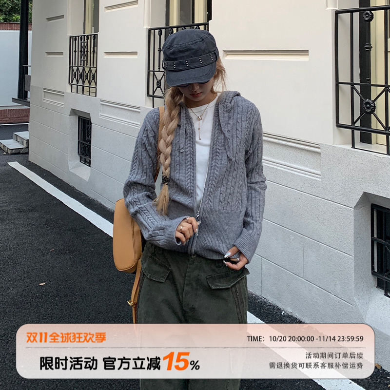 饭饭又饿了韩系麻花连帽针织开衫女秋设计感修身显瘦百搭拉链上衣