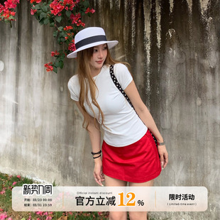 饭饭又饿了基础款白色圆领短袖t恤女春夏弹力掐腰修身显瘦短上衣