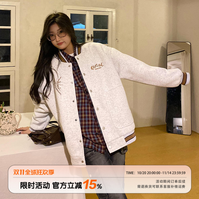 饭又饿了美式复古灰色棒球服外套