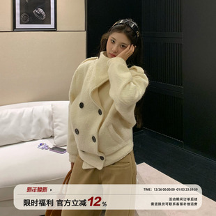 饭饭又饿了韩系双排扣毛呢外套女冬季 保暖巨好看温柔显瘦气质大衣