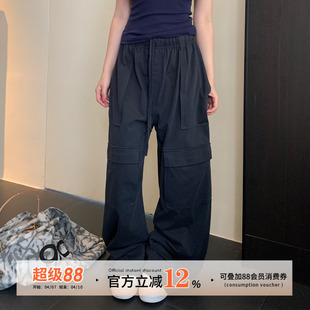 饭饭又饿了美式多口袋工装裤女款春季纯棉松紧腰宽松显瘦休闲裤子