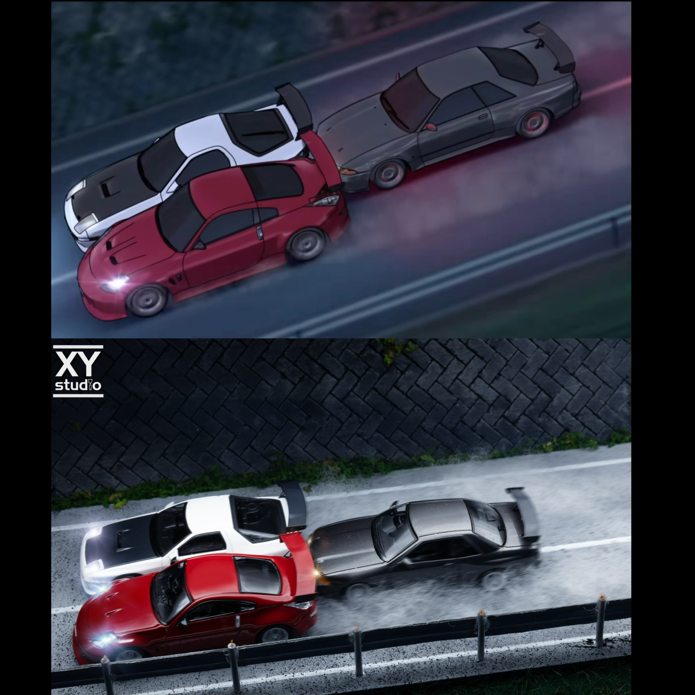 1/64《凉介VS北条凛的生死战 》场景 头文字d山路 gtr fc 350z