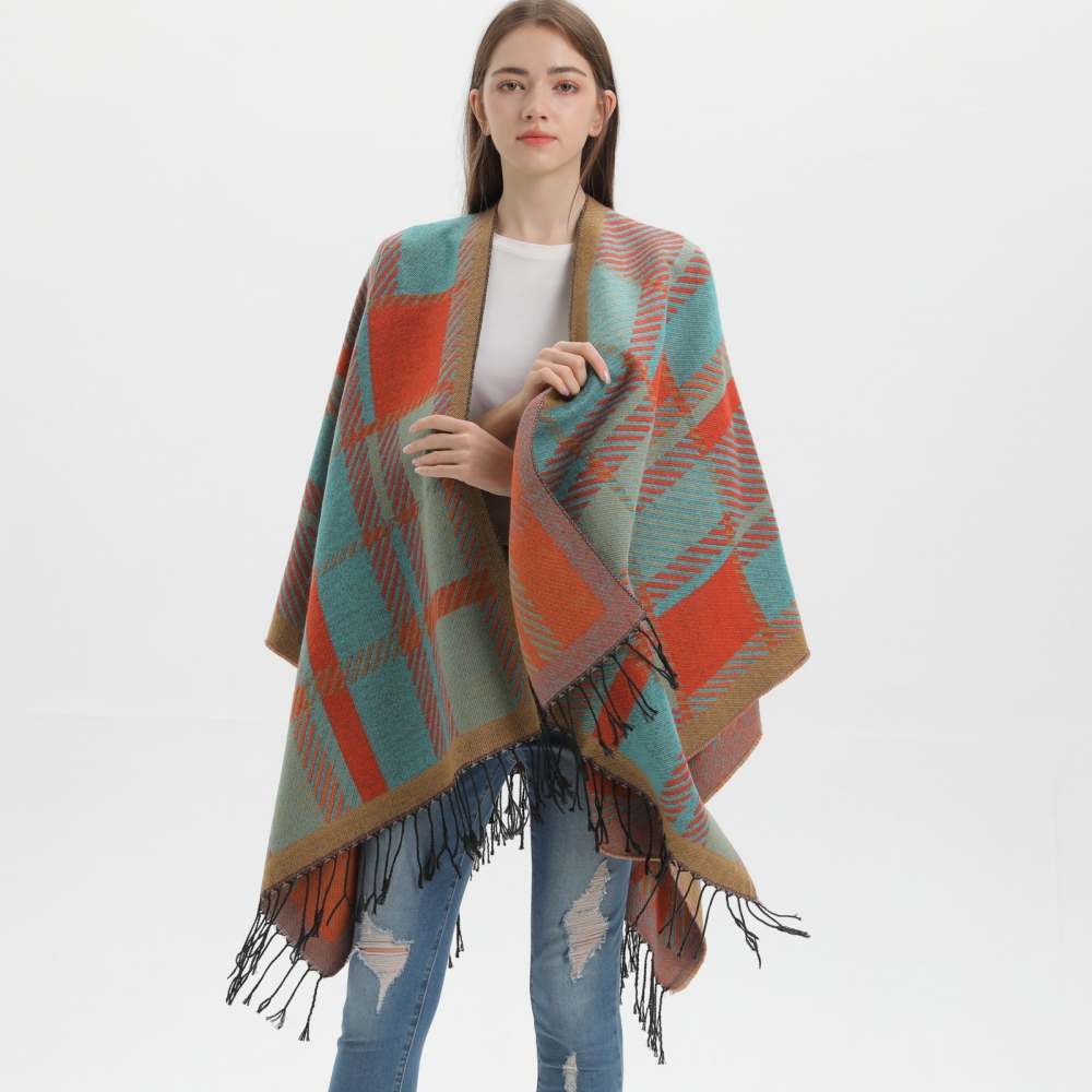 秋冬女士流苏开叉披肩经典格子加