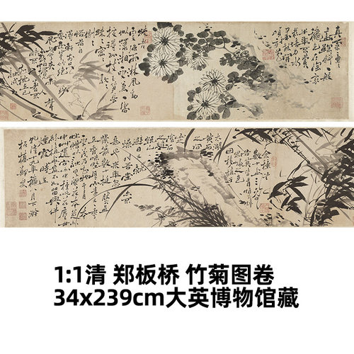 1:1清 郑板桥 竹菊图卷 真迹复制34x239cm大英博物馆藏画临摹范本