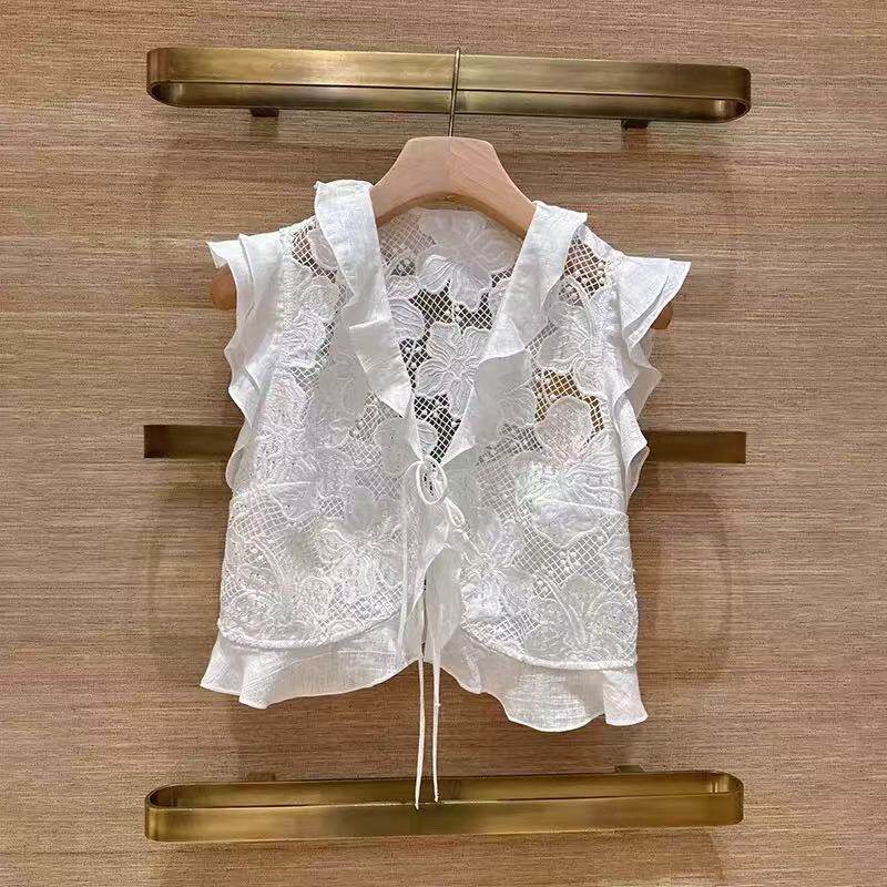 法式小众26春夏浪漫钉珠蕾丝花朵荷叶边V领系带小飞袖上衣女