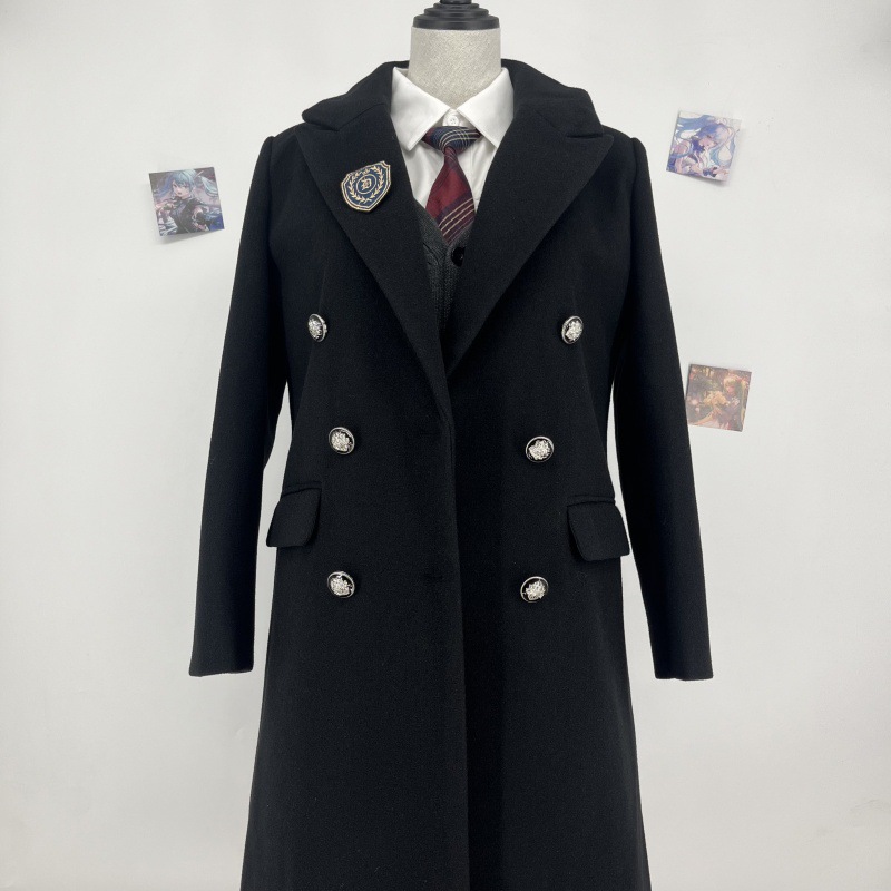 原创黑色双排扣长款大衣日系学院风秋冬学生JK制服高级感毛呢外套