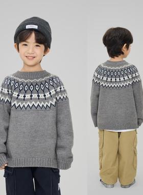 男童毛衣秋冬新款灰色费尔岛加厚儿童针织衫中大童宽松上衣打底衫