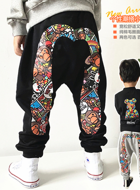 春秋冬男女儿童潮牌大M纯棉加绒休闲运动裤 日系宝宝宽松百搭长裤
