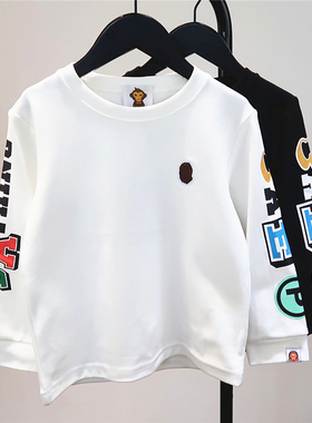 春秋男女儿童潮牌字母纯棉百搭长袖T恤 宝宝黑白色打底弹力上衣