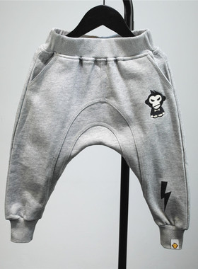 25冬新款男女儿童灰色潮牌纯棉加绒运动裤哈伦裤闪电猴子宽松长裤