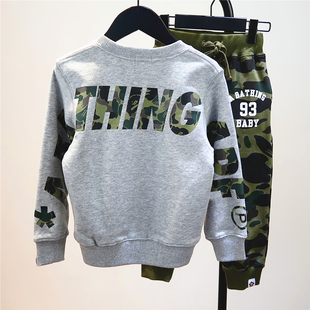 春秋新款男童潮牌绿迷彩字母纯棉毛圈卫衣儿童宽松圆领衫宝宝上衣