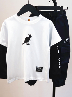 清春秋男女儿童潮牌字母纯棉白色长袖T恤 宝宝假两件百搭打底衫