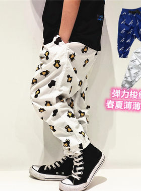 2025男女儿童潮牌满印猴白色纯棉弹力春夏工装裤防蚊裤宝宝薄长裤