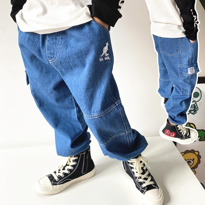 tyh潮牌童装男童卡通牛仔裤 春秋宽松纯棉束脚工装裤宝宝儿童长裤