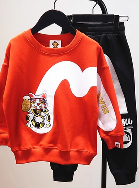 2025春秋冬潮牌童装男女儿童纯棉加绒红色卫衣 大童宝宝M圆领上衣