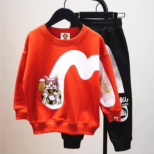 2025春秋冬潮牌童装男女儿童纯棉加绒红色卫衣 大童宝宝M圆领上衣