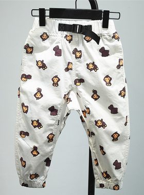 男童潮牌满印猴子薄软全棉夏防蚊裤 弹力宽松长裤 宝宝白色工装裤