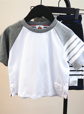 2025夏男女儿童潮牌四道杠拼色纯棉短袖T恤 宝宝白色百搭半袖背心