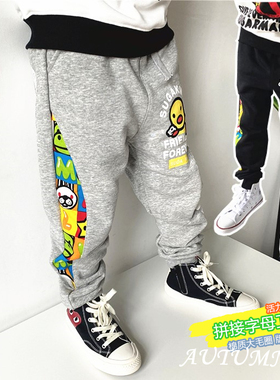 25春秋男童女童潮牌卡通拼接纯棉运动裤宝宝长裤 儿童黑灰色卫裤