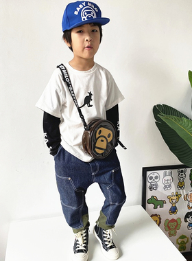 2025男童春秋拼接假两件长袖T恤 潮牌中大童装字母白色打底衫上衣