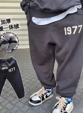 男童加绒裤子冬新款2025灰色纯棉一体绒儿童运动裤中大童休闲卫裤