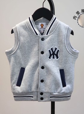 春秋冬男女儿童潮牌字母纯棉加绒棒球服灰色马甲 大中小童厚背心
