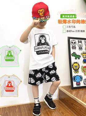 2025潮牌夏季男童猩猩字母纯棉白色短袖儿童T恤宝宝短裤可套装