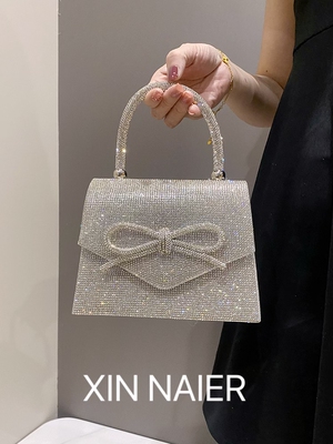 2025新闪闪满钻晚宴凯莉手工镶钻蝴蝶结钻石宝石小方包手提斜挎包