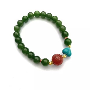 南红富甲龟背绿松胖爱心18K金猫眼豆豆俄料无黑点碧玉手串8 9mm