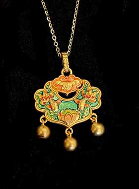 安伯曼18K金珐琅如意锁灵动款配银项链19*21mm