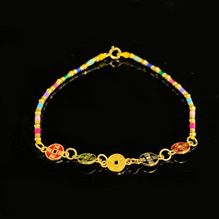 安伯曼18K金珐琅彩节节高金豆豆五帝铜钱手链